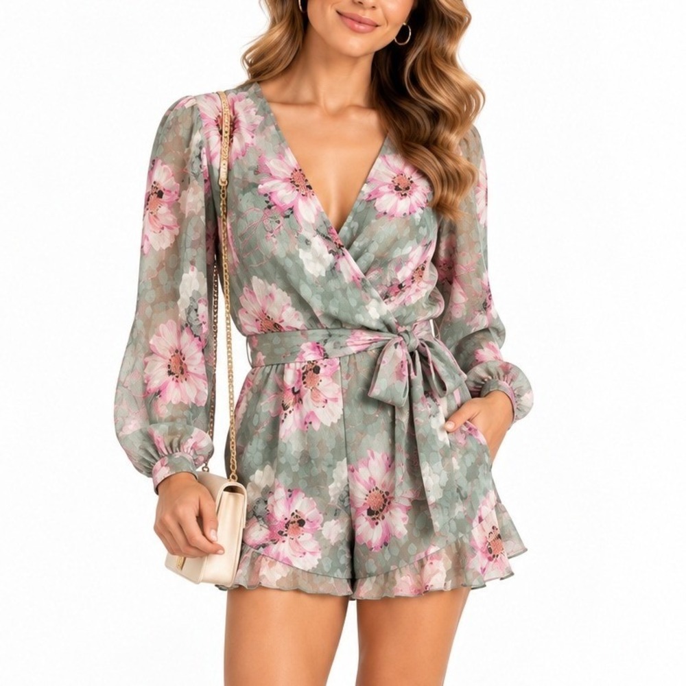 Express Floral Clip Dot Wrap Mini Dress Sage Green Pink Long Sleeve Size S NEW